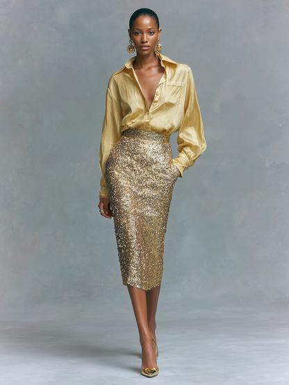 Women's Long-sleeved Shirt And Sequined Pencil Skirt Set