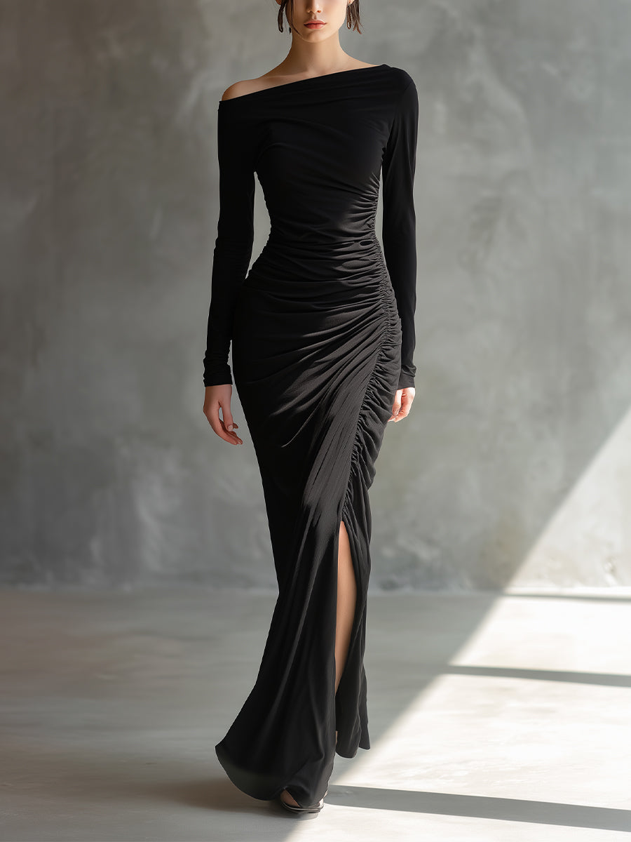Women's Black Elegant Jersey Off - Shoulder Ruched Slit Maxi Dress