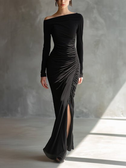 Women's Black Elegant Jersey Off - Shoulder Ruched Slit Maxi Dress