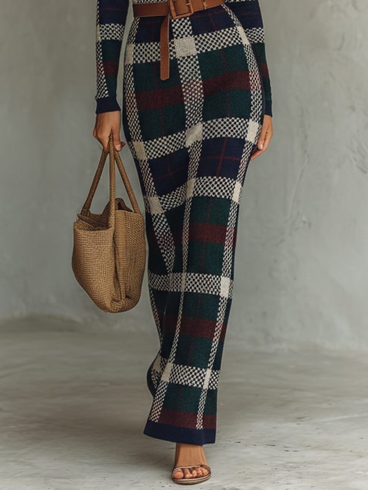 Women's Minimalist Check Knit Belted Square Neck Maxi Dress
