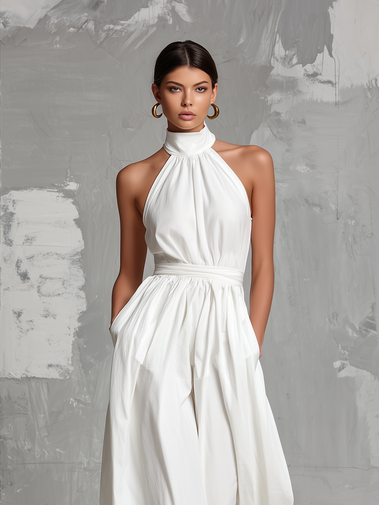 Women's Elegant White Woven Sleeveless Halter-neck Jumpsuit