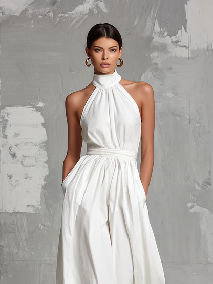 Women's Elegant White Woven Sleeveless Halter-neck Jumpsuit