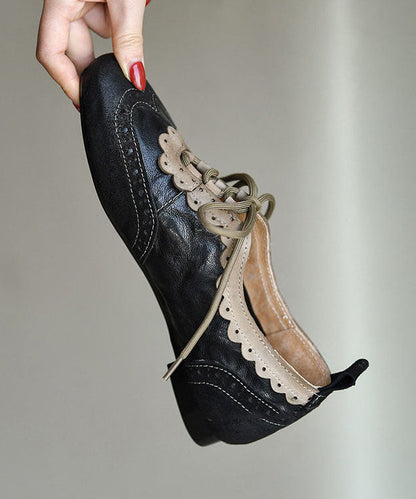 Elegant Black Sheepskin Lace Up Splicing Loafers