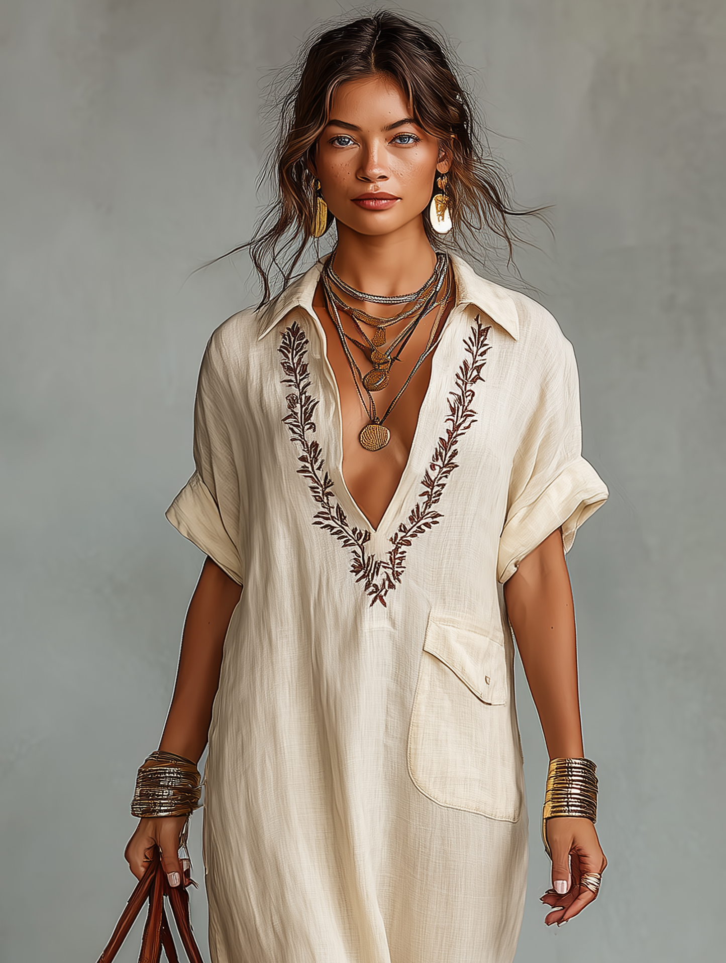 Women's Minimalist Linen Blend Embroidered Short-sleeved Shirt Maxi Dress