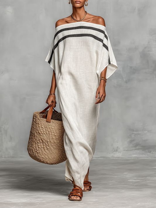 Women's Minimalist Linen Blend Off-the-shoulder Batwing Sleeve Straight-cut Maxi Dress