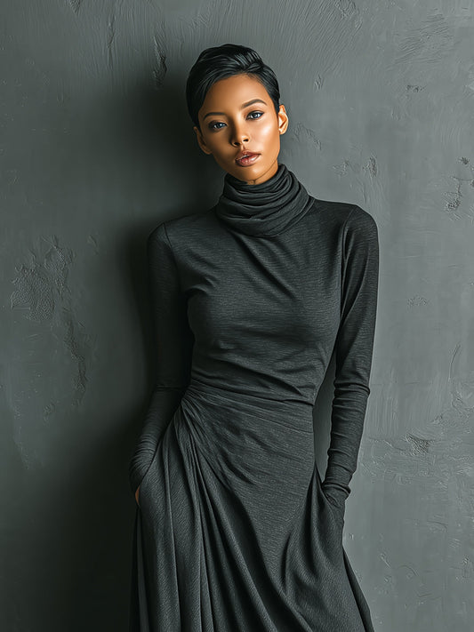 Women's Charcoal Elegant Stretch Polyester-Cotton Blend Turtleneck Draped Maxi Dress