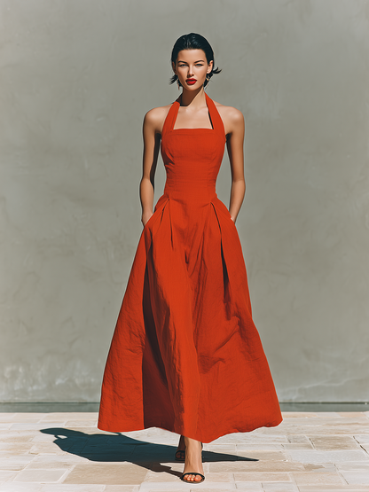 Women's Red Linen Maxi Dress With Halter Neck & Pleated Skirt, Timeless Elegant-Resort Style Dress