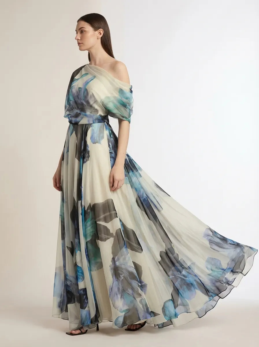 French Sky Blue Asymmetrical Print Chiffon Long Dresses Summer