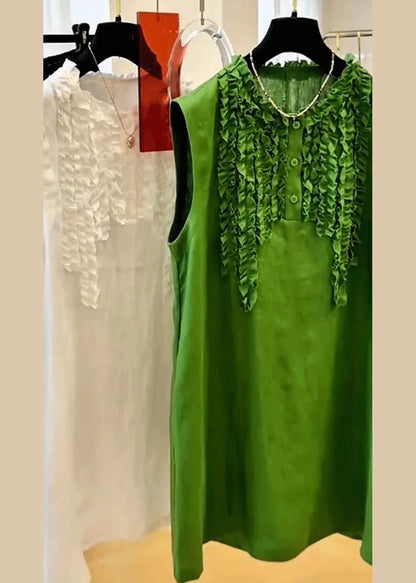 Elegant Green Ruffled Button Solid Cotton Mid Dress Sleeveless