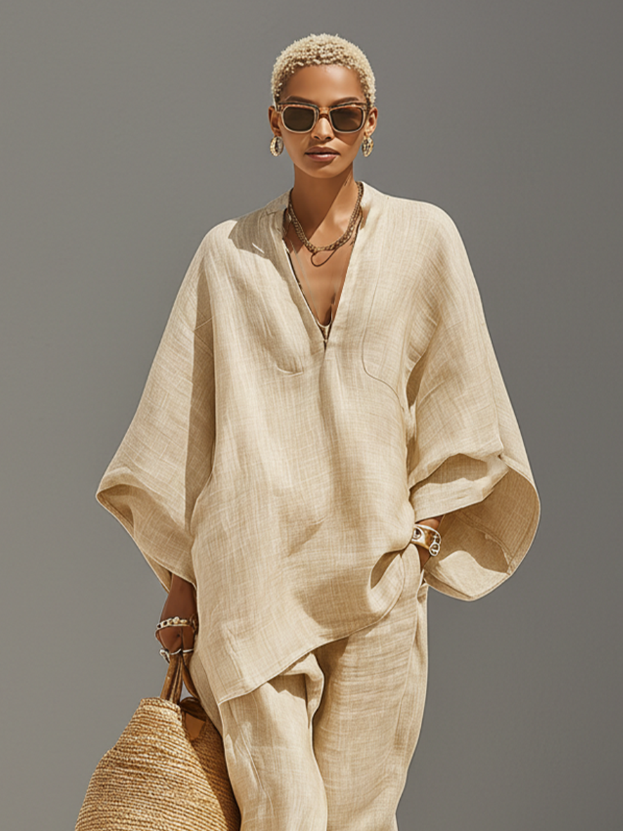 Women's Neutral Linen Set With Asymmetric Hem & Minimalist Design, Sophisticated Daily-Casual Style Set