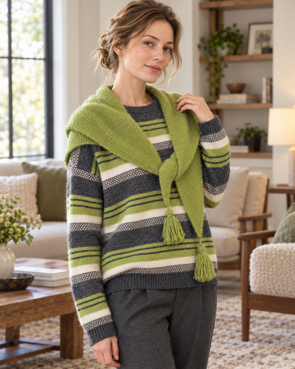 Women's Striped Wool Sweater with Scarf – Green Crewneck Knit Pullover