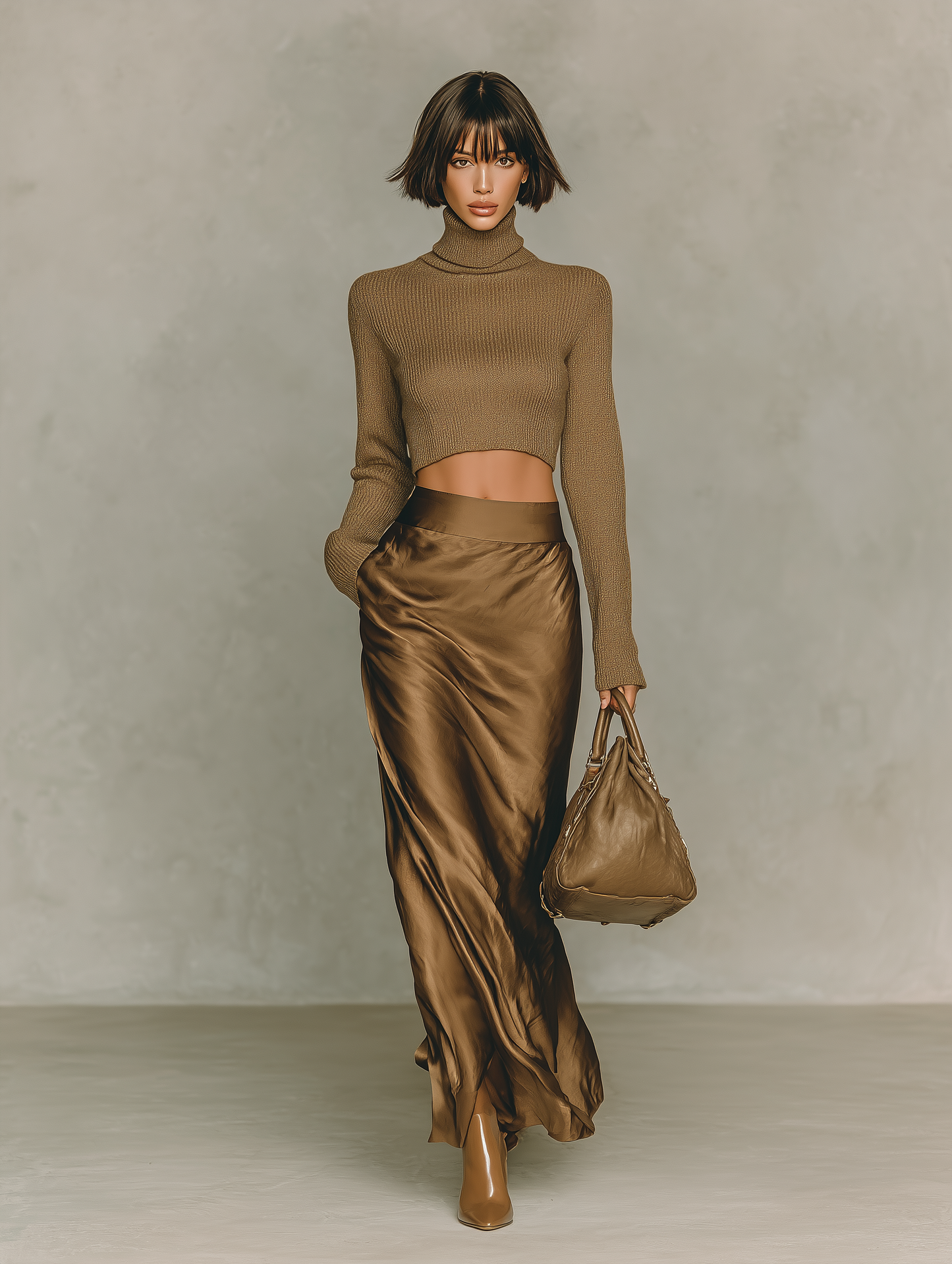 Women's Fashionable Gold-brown Turtleneck Long-sleeved Knit Top Paired With A Satin Midi Skirt