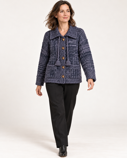Women's Textured Wool Cardigan – Collared Button-Up Sweater with Pockets