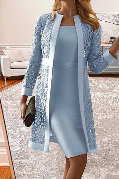 Champagne Elegant Solid Lace Hollowed Out Long Sleeve Two Pieces Dress(8 Colors)
