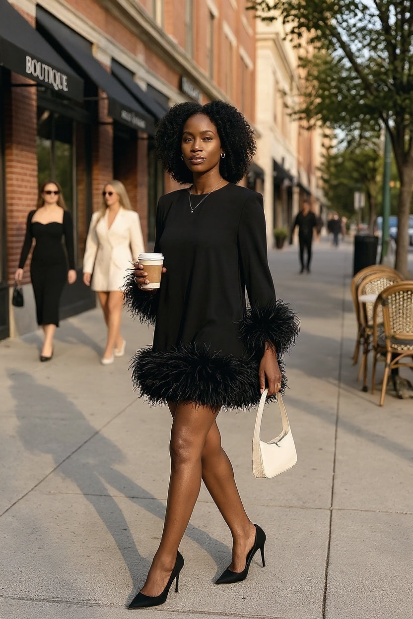 Street Solid Patchwork Feathers O Neck Straight Dresses
