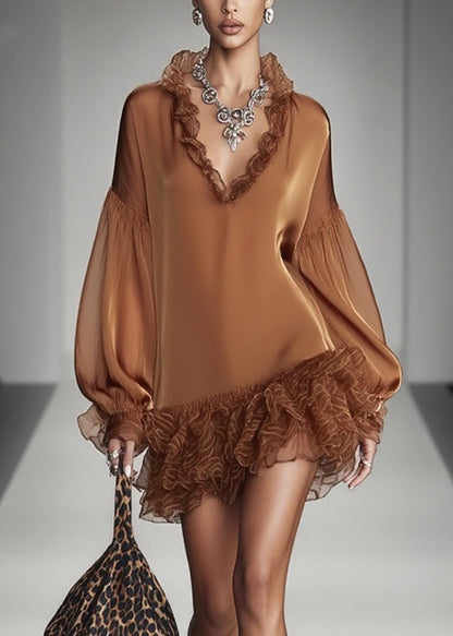 French Brown Ruffles Patchwork Chiffon Mid Dress Spring