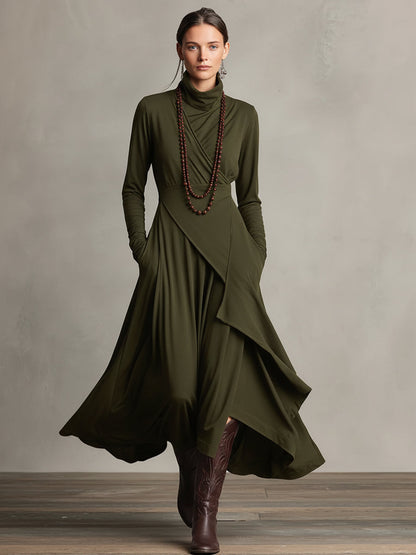 Women's Purple Bohemian Cotton Stretch Turtleneck Asymmetrical Draped Maxi Dress