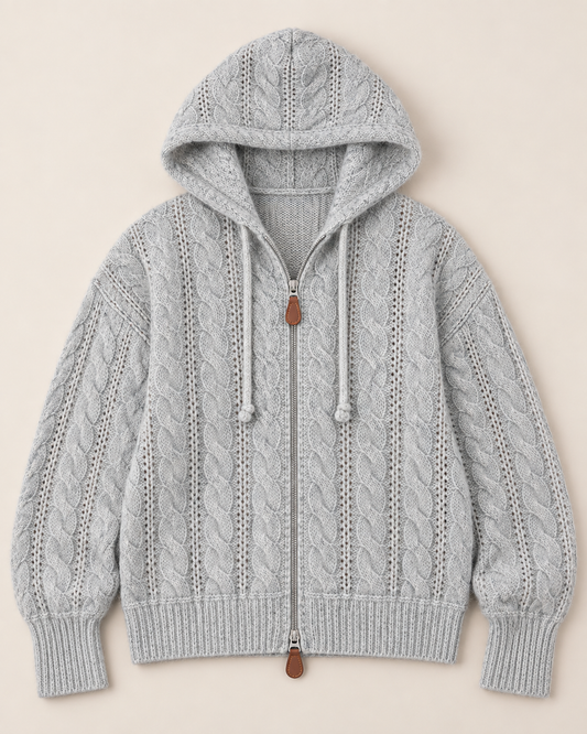 Women's Cable Knit Wool Hoodie – Zip-Up Hooded Cardigan