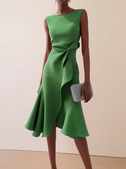 Sleeveless Red Elegant Dress Round Neck
