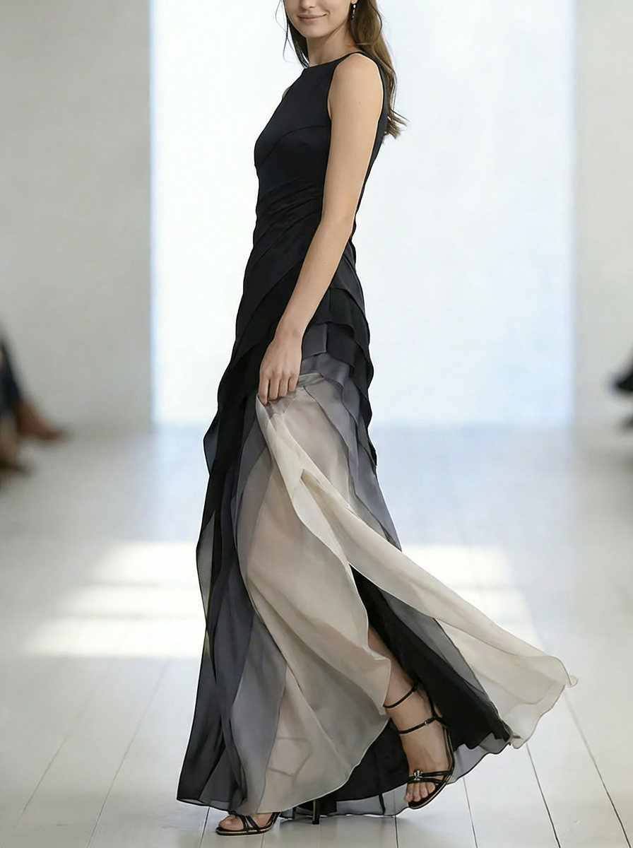 French Blue High Waist Patchwork Tulle Maxi Dresses Sleeveless
