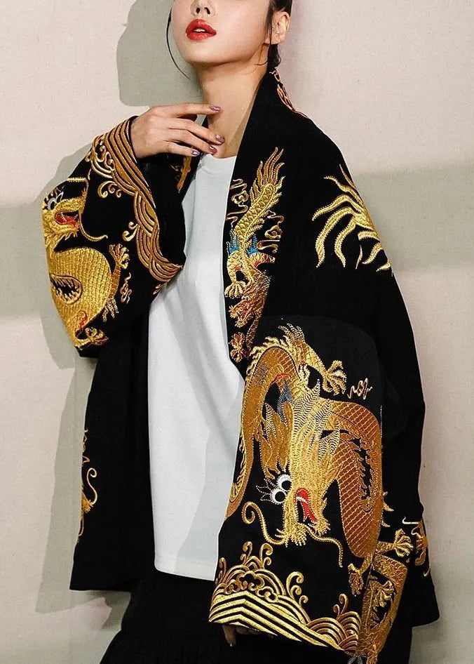 Trendy Gold Painted Dragon Oversized Cotton Cardigan Jacket