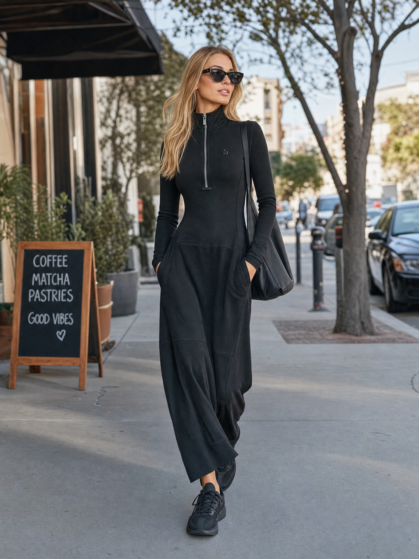 Women's Sports Cotton Blend Half-high Collar Zipper Loose Maxi Dress