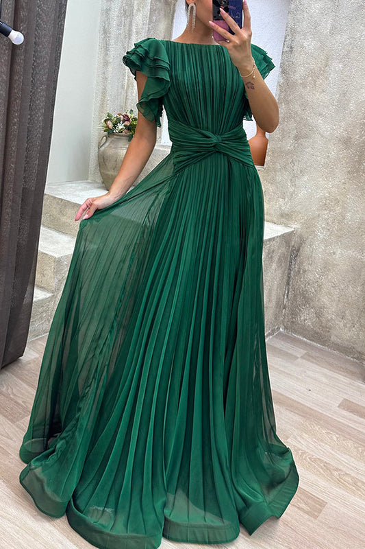 Mocha Elegant Queen Pleated Ruffle Sleeve Cross Waist Maxi Dress
