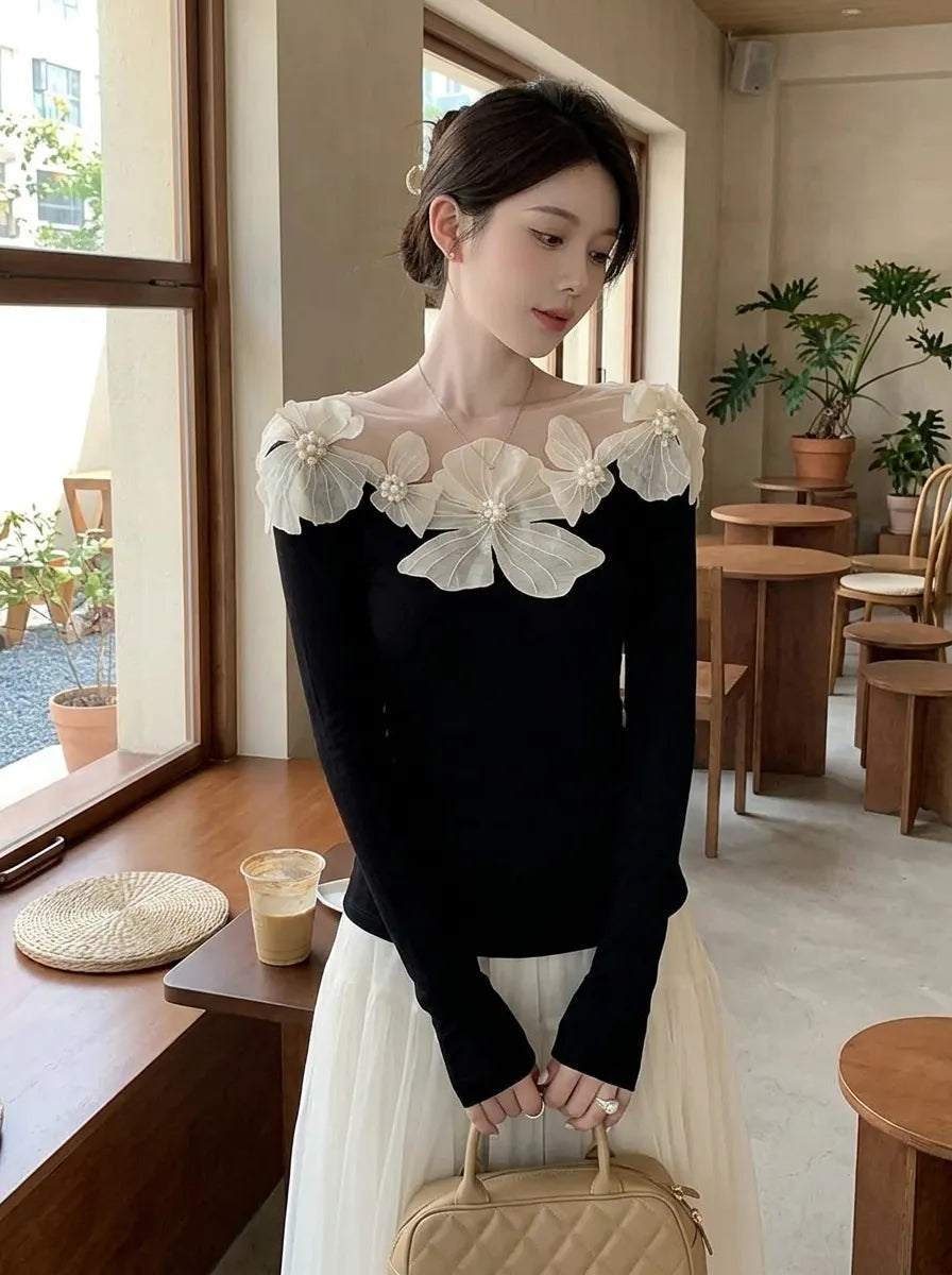 Stylish Black Slash Neck Floral Nail Bead Knit Tops Spring