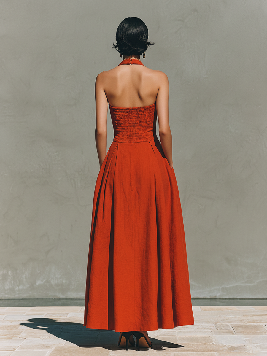 Women's Red Linen Maxi Dress With Halter Neck & Pleated Skirt, Timeless Elegant-Resort Style Dress