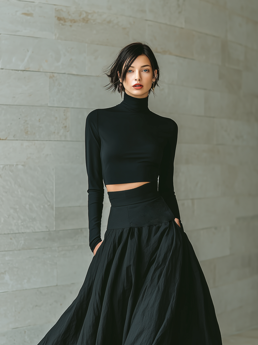 Women's Fashionable And Elegant Black Fitted Turtleneck Long-sleeved Cropped Top Paired With A Black Long Skirt