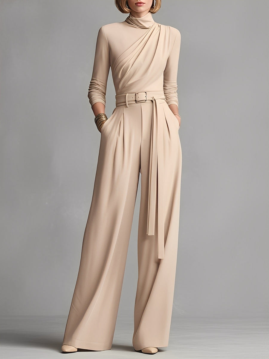 Women's Neutral-colored Cotton Blend Knit Jumpsuit With Gathered Waist