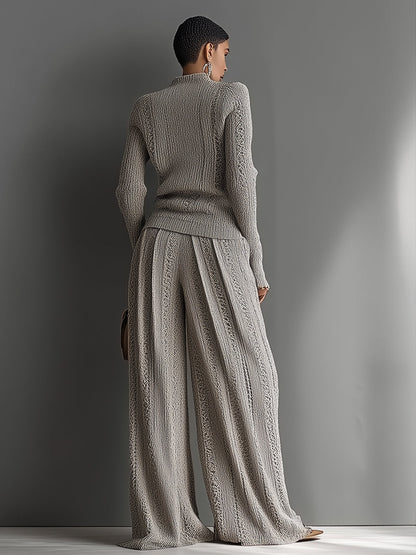 Women's Taupe Elegant Knit Textured Sweater & Wide - Leg Pants Set