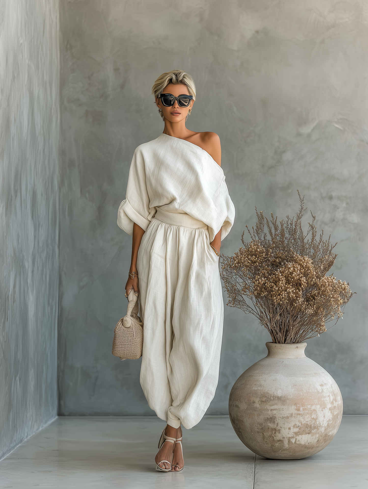 Women's Off-white Linen Off-shoulder Loose Casual Top And Tapered Pants Set