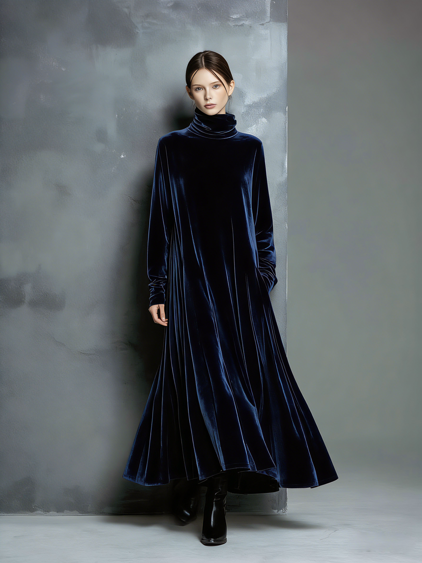 Women's Elegant Navy Blue Velvet High-neck Long-sleeved Loose-fitting Maxi Dress