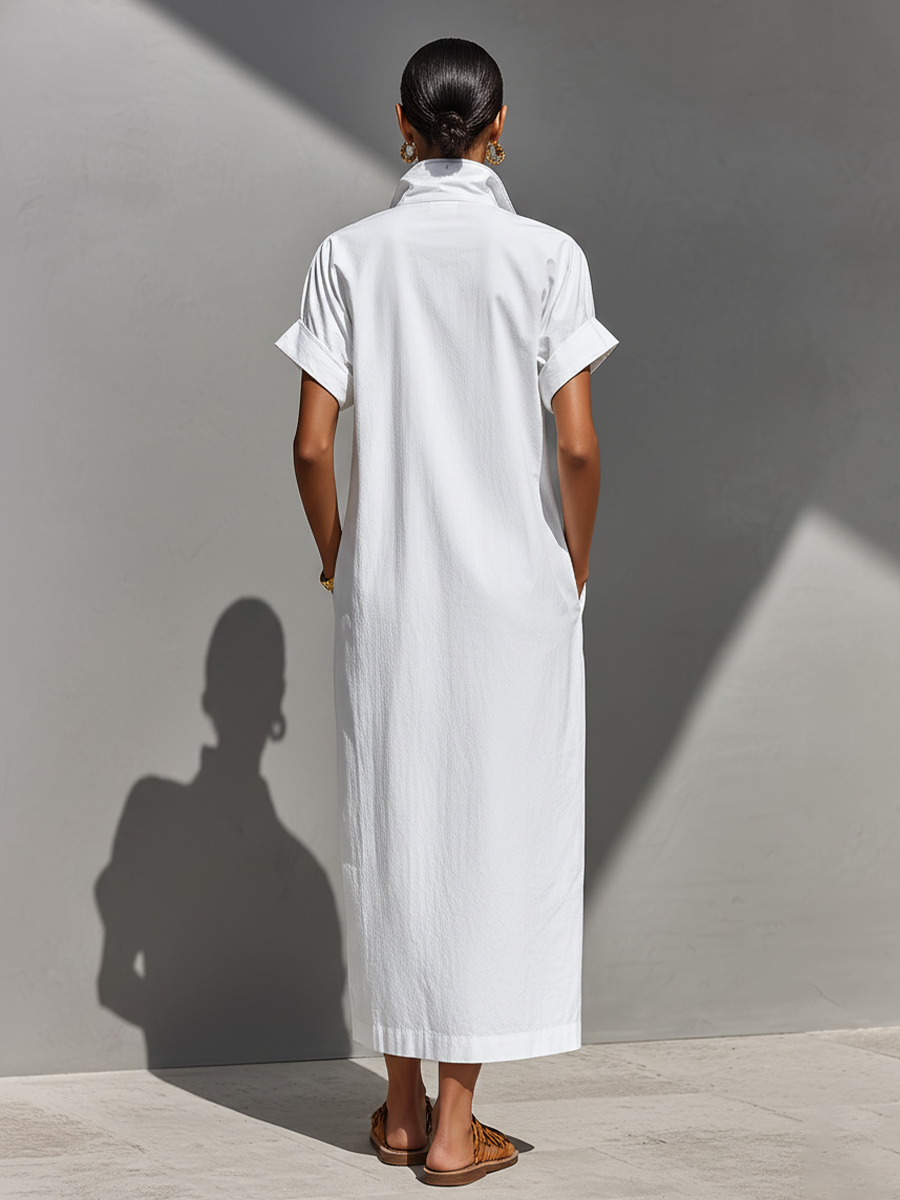 Women's White 100% Cotton Maxi Shirt Dress With Half-Zip Collar & Rolled Sleeves, Timeless Casual Everyday Dress
