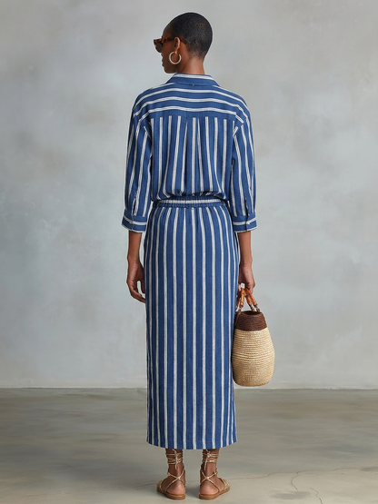 Women's Royal Blue White Stripe Cotton-Blend Co-Ord With Button Front Blouse & Elastic Waist Straight Maxi Skirt, Effortless-Chic Summer Daily Outfit