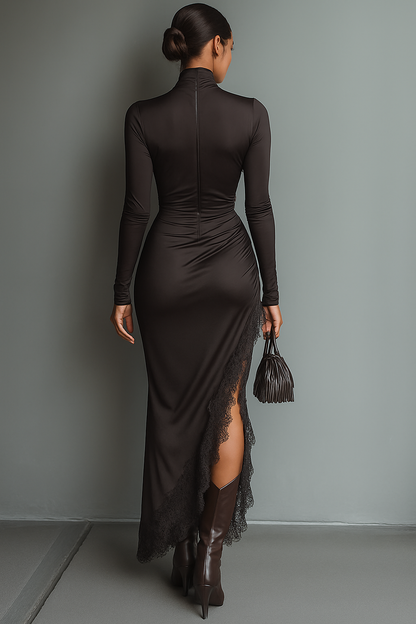 Women's Dark Brown Satin Irregular Hem Lace Slim Maxi Dress