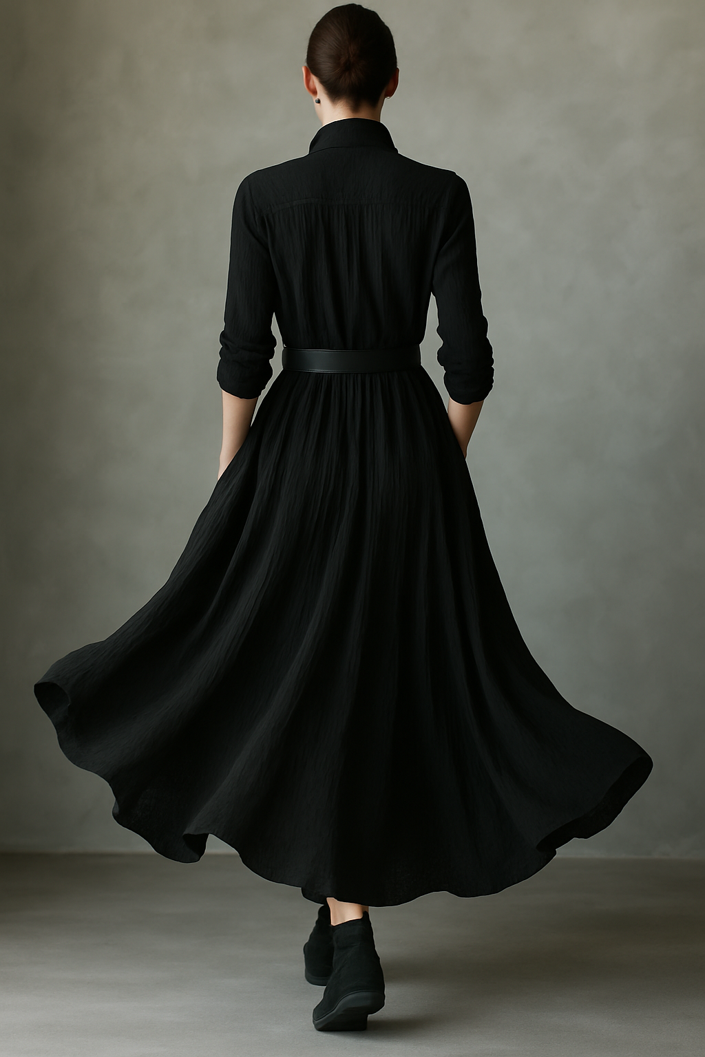 Women's Black Blend Textured Pleated Vintage Maxi Dress