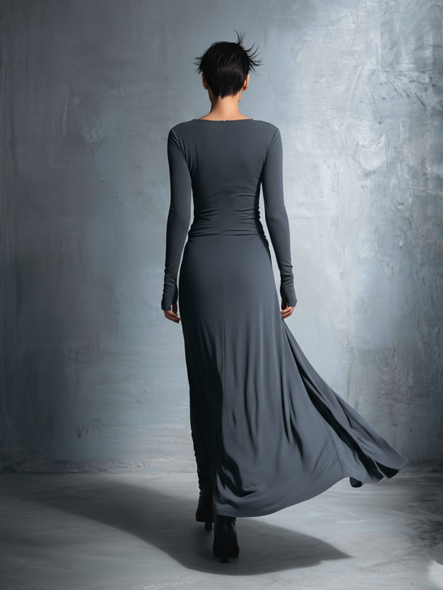 Women's Gray Exquisite Stretch Blended Fabric Wrap Dress - Knotted Maxi Dress