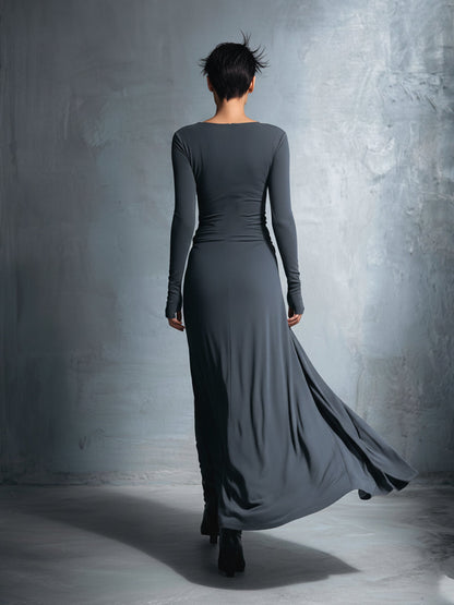 Women's Gray Exquisite Stretch Blended Fabric Wrap Dress - Knotted Maxi Dress