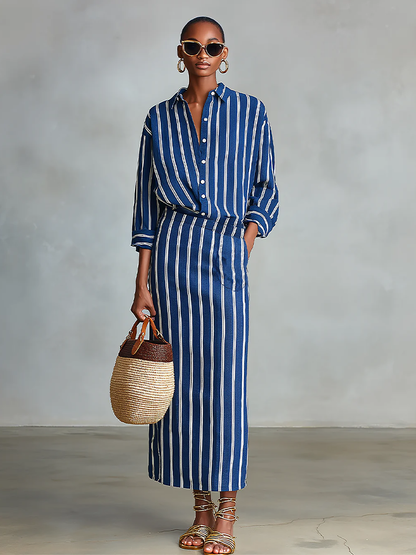 Women's Royal Blue White Stripe Cotton-Blend Co-Ord With Button Front Blouse & Elastic Waist Straight Maxi Skirt, Effortless-Chic Summer Daily Outfit