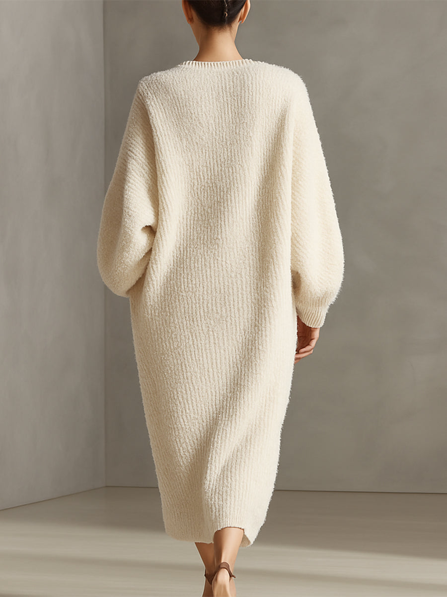 Women's Cream Elegant Faux Mink Knit Asymmetric Slit Midi Dress