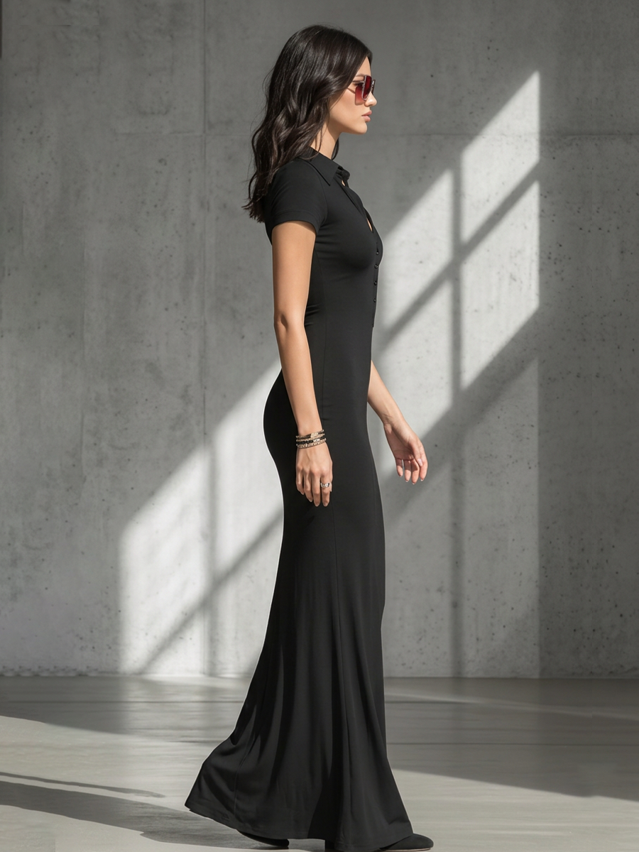 Women's Solid Black Soft Jersey Floor Dress With V Neck Henley Buttons & Figure-Hugging Silhouette, Modern Minimalist Casual Formal Maxi Dress