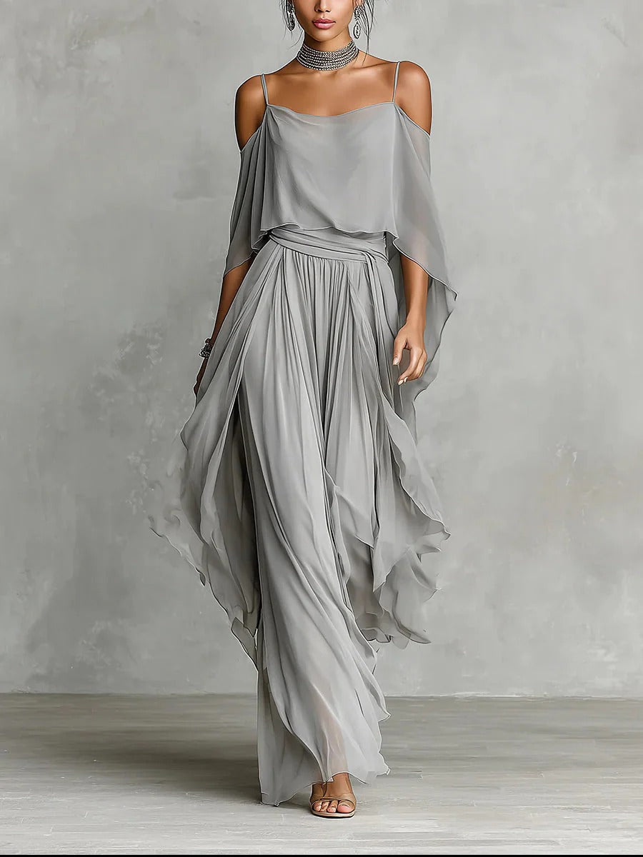 Gray fluid set with spaghetti strap top and lightweight pants