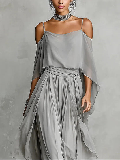 Gray fluid set with spaghetti strap top and lightweight pants