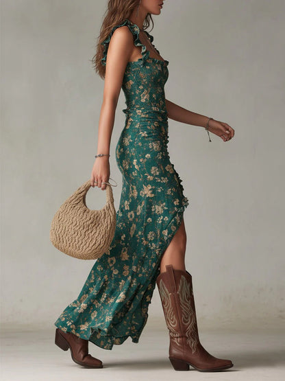Bohemian Floral Ruched Maxi Dress with Side Slit