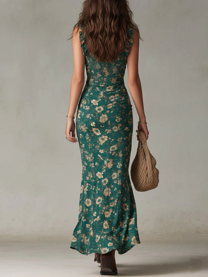 Bohemian Floral Ruched Maxi Dress with Side Slit