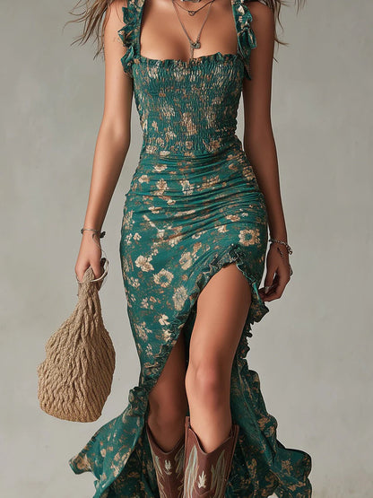 Bohemian Floral Ruched Maxi Dress with Side Slit