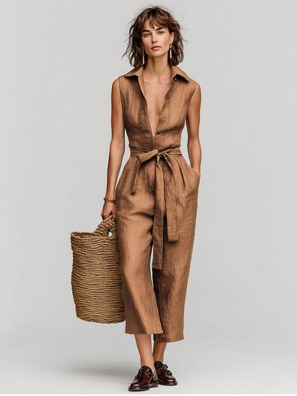 Women's Tobacco Brown Linen Jumpsuit With Self-Tie Waist & Collared V-Neck, Timeless Resort-Casual Style Jumpsuit