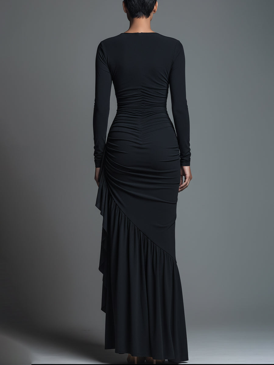 Women's Black Elegant Jersey Knit Ruched Maxi Dress
